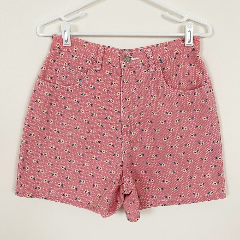 Vintage Pink Flower High-Waisted Denim Shorts
